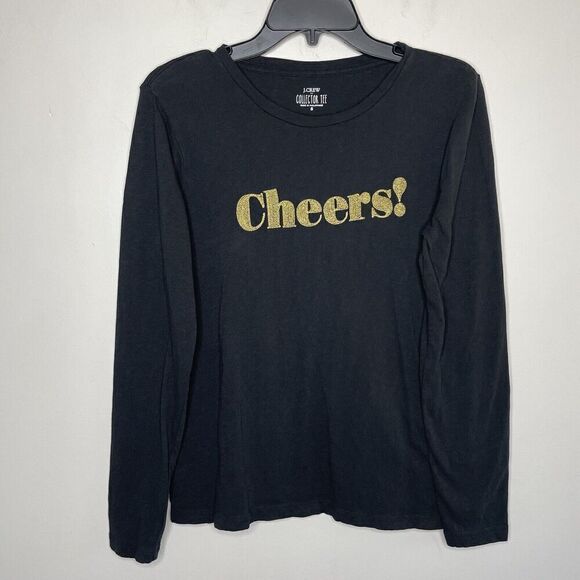 J.CREW Top Women Small Black Collector Tee Embroidered Gold CHEERS! Cotton AZ087 - Picture 1 of 7
